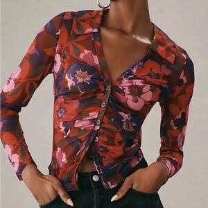 Anthropologie - Maeve - Floral Sheer Button-Up Top - Multicolor